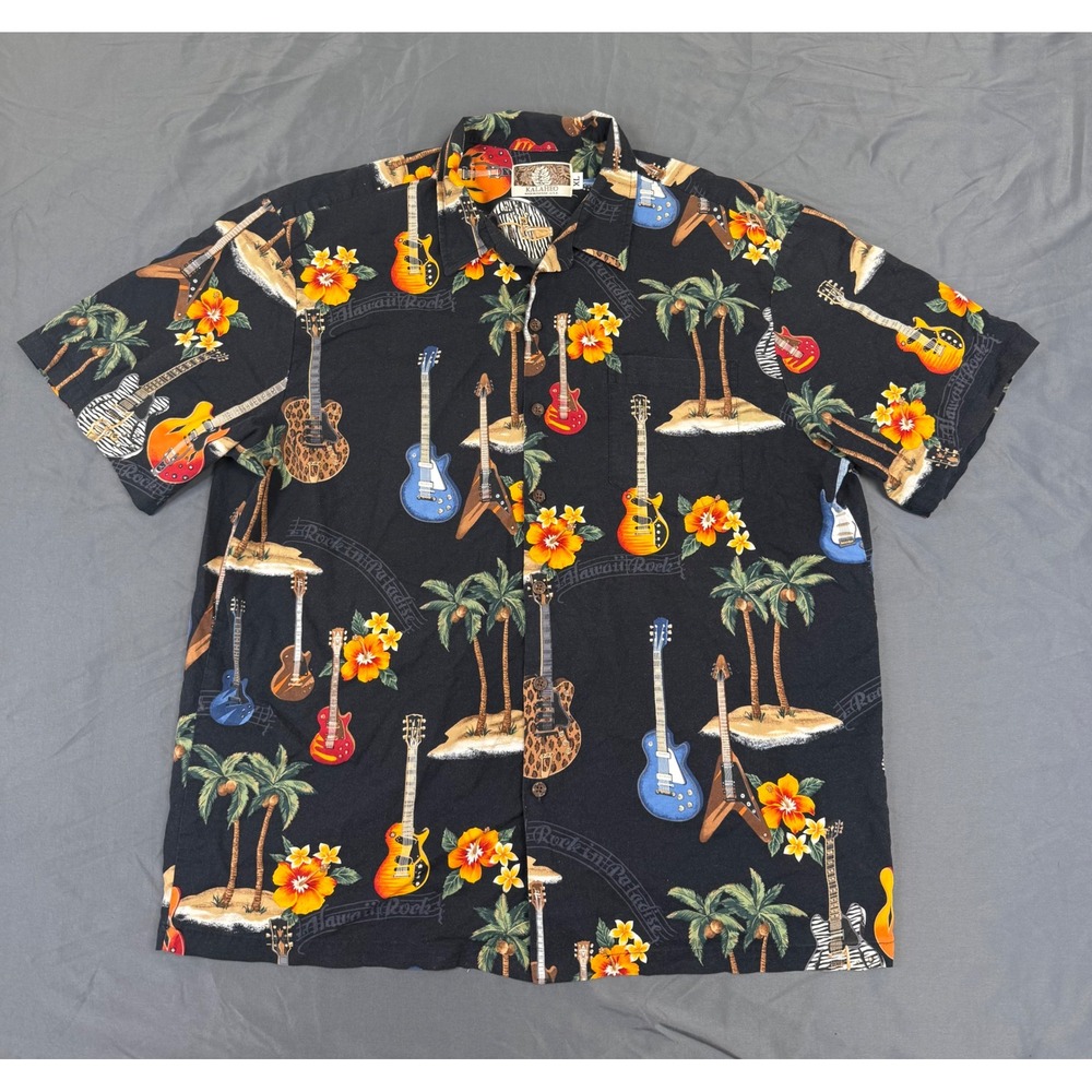 Vtg Kalaheo Mens XL Hawaiian Shirt Rock in Paradise Guitar Palm Tree Made in USA
